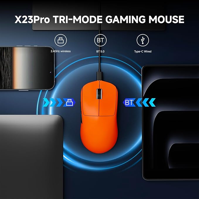 EWEAND X23 Pro Gaming Mouse, Tri-Mode 2.4G/USB-C/BT 5.4 Wireless Mouse, PAW3311 Sensor, 12000 DPI, 59g Lightweight, 1ms Response, Anti-Slip Grip Tape Included Computer Mouse for Laptop/PC/Mac-Orange