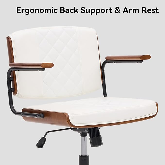 Home Office Desk Chair with Rubber Wheels, Adjustable Height Office Chair with Arms, Leather Mid Back 360° Small Computer Chair, Modern Walnut Chair for Office, Reading Meeting Room (White)