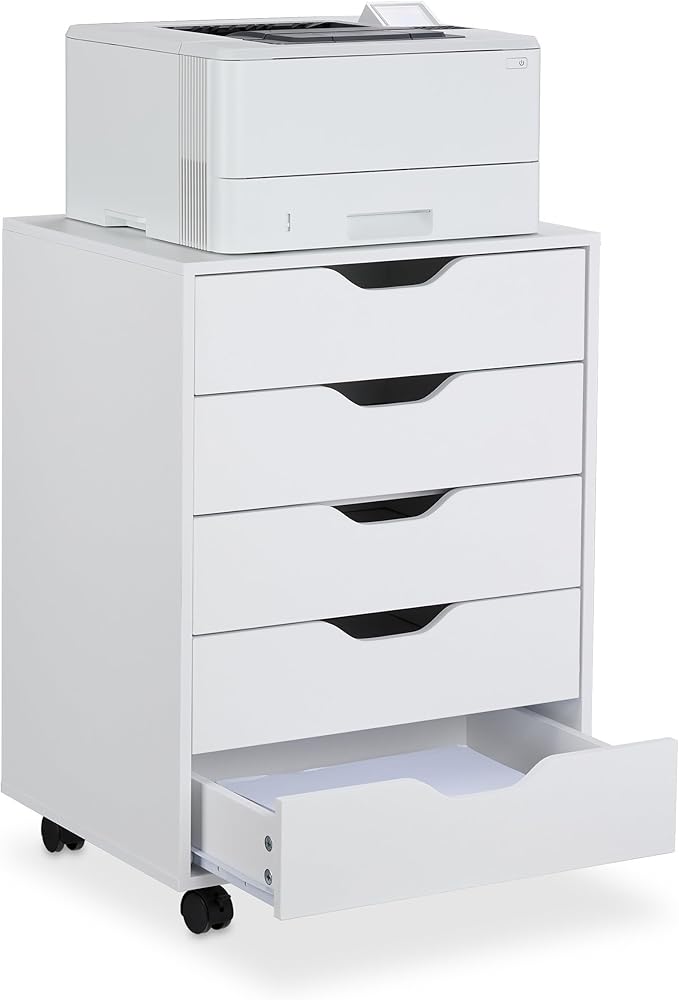 Relaxdays 5 Drawer Roll-Up Cabinet H 66.5 x W 48 x D 39.5 cm Office Cabinet Filing Cabinet with Wheels Office White
