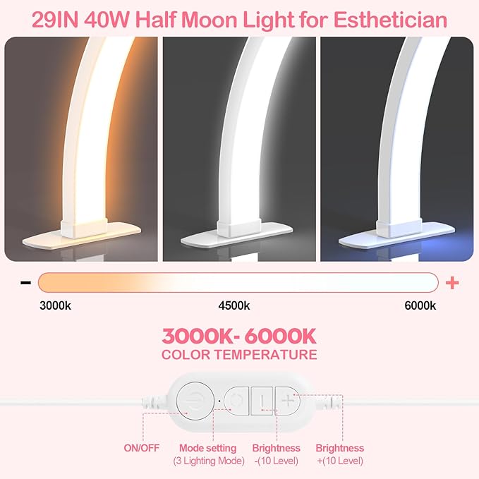 Kadden Foldable Large Half Moon LED Light,29" Arch Light with Rhinestone-Encrusted for Table Nail Desk with Phone Stand, Upgrade Arch Light for Nail Techs (White, Large)