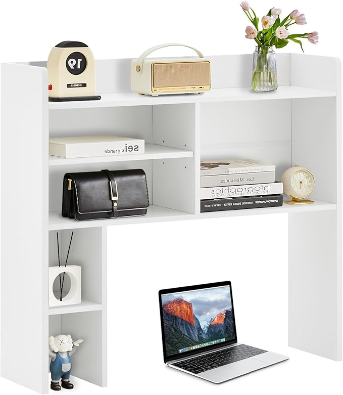 TUKAILAi Desktop Bookshelf Organizer, Countertop Storage Hutch with 7 Shelves for Desk, Dorm Desk Hutch Wood Display Rack for Home Office (White)