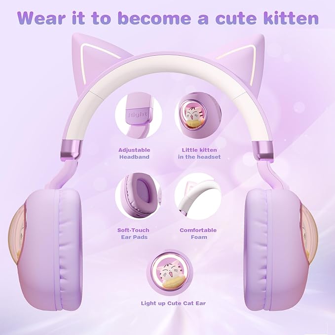 Xmenha Cat Ear Headphones for Kids, Cute Children Girl Wireless Bluetooth Headphones for School, Purple Kindergarten Light up Kawaii Kitty Noise Cancelling Headphones for Kids Teens Child Airplane