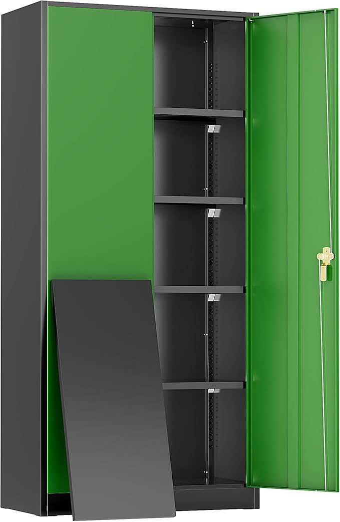 Greenvelly Metal Storage Cabinet, 72" Steel Garage Cabinet with Doors and Adjustable Shelves, Metal Cabinet with Lock,Tall Metal Office Storage Cabinet for Garage,Home Office,School (Black Green)