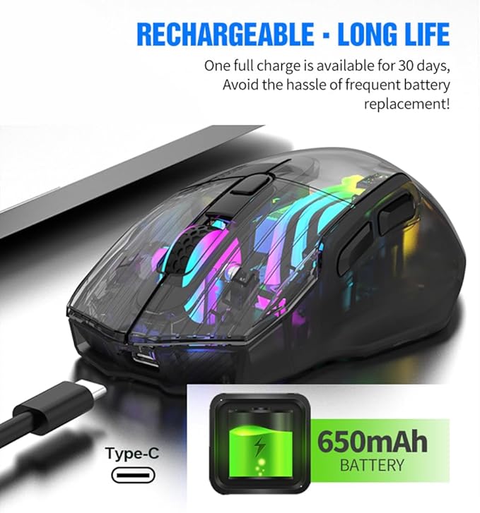 Docooler Wireless Gaming Mice with Transparent Crystal Shell, Tri-Modes(USB Wired+2.4G Wireless+Bluetooth), 3600DPI Adjustable E-Sports Mice, RGB Slient Mouse with Ergonomics Design - White/Black