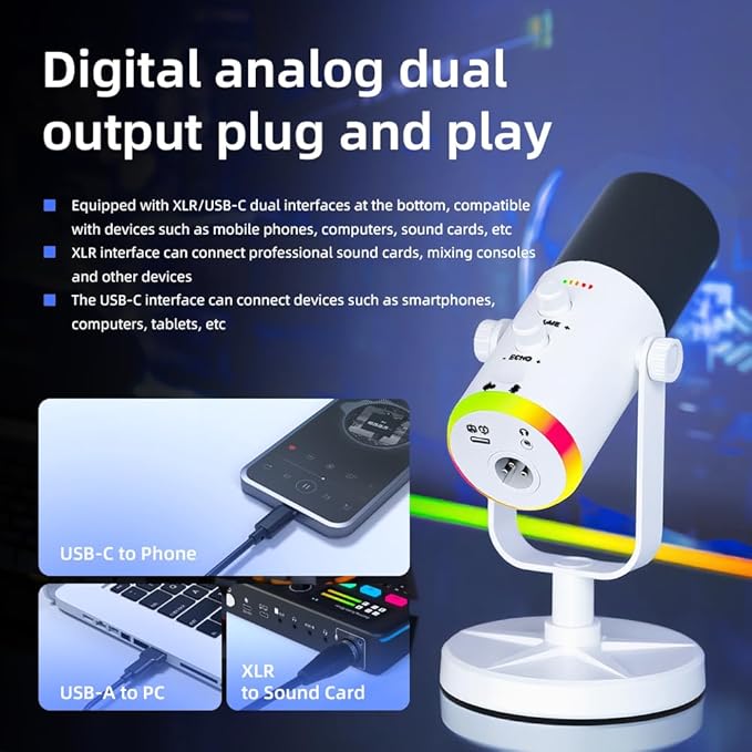 USB/XLR Desktop Dynamic Microphone with RGB Lighting, Noise Reduction, Mute Button & Headphone Jack - Podcast, Gaming, Streaming Mic for PC & Computer (White)