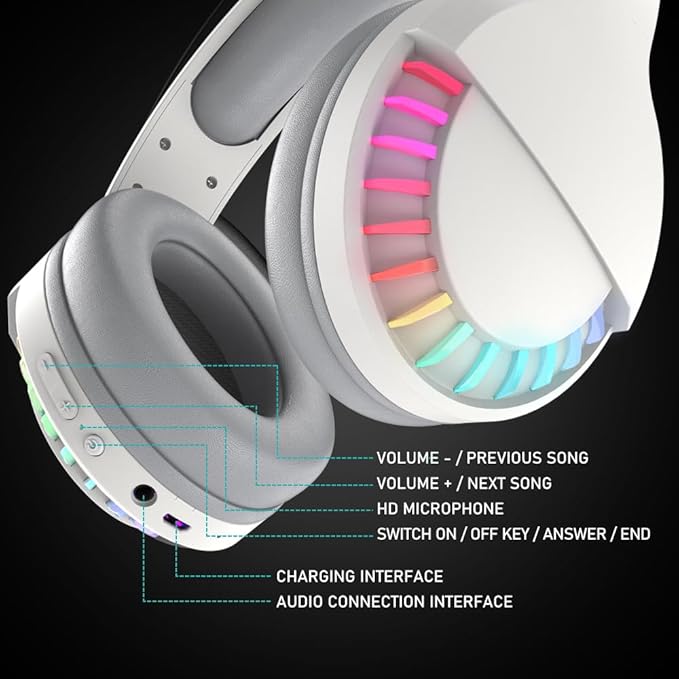 Wireless Bluetooth Headphone with Noise Cancellation HiFi Stereo Sound Mic Deep Bass Protein Earpad Rainbow RGB Backlight Rechageable Over Ear Headset for PC Mac Game Travel Class Home Office (White)