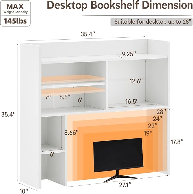 OFCASA Desktop Bookshelf, Countertop Storage Hutch with 7 Shelves for Computer Desk, 35.4'' 3-Tier Display Rack, Multipurpose Wooden Desk Hutch Storage Organizer for Home Office Dorm, White