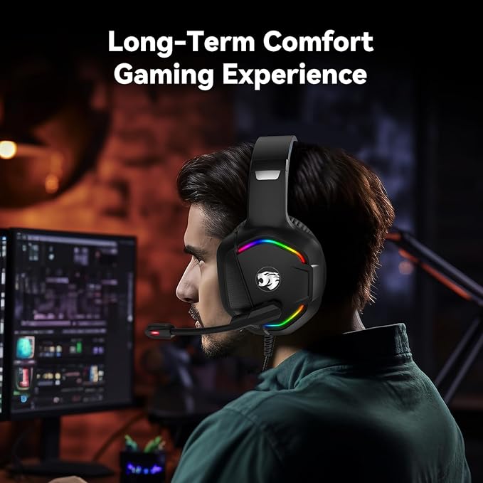 Gaming Headset with Microphone for Pc, Xbox One Series X/s, Ps4, Ps5, Switch, Stereo Wired Noise Cancelling Over-Ear Headphones with Mic, RGB, for Computer, Laptop, Mac, Nintendo (Red)
