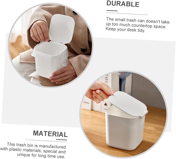 OUNONA Mini Kitchen Trash Can Lid Slim Desktop Trash Bin Plastic White for Kitchen Office