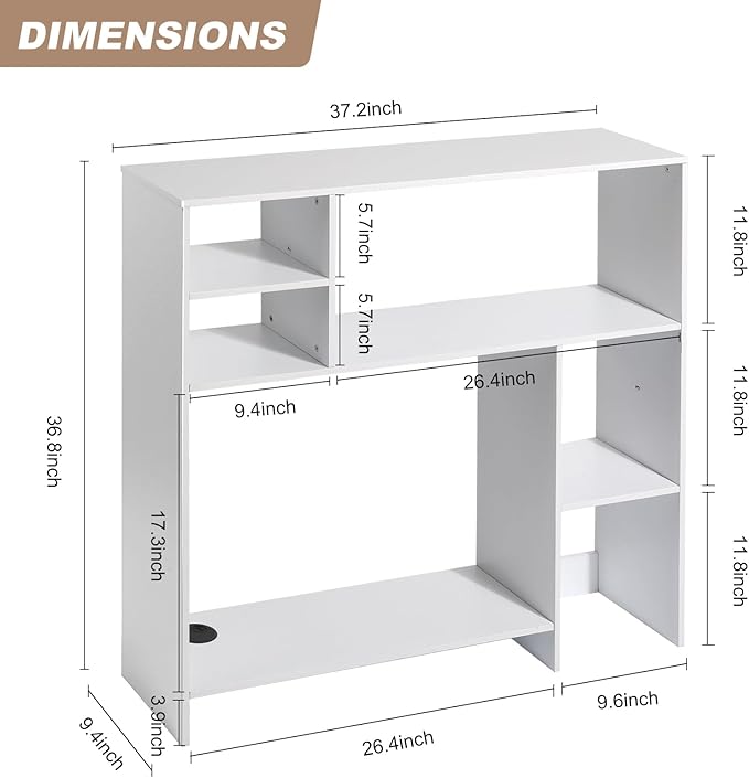 Modern Wooden Desktop Bookshelf Hutch, White Desk Organizer with 7 Shelves for Computer Desk, Vertical Storage for Small Desks, Home Office, Dorm