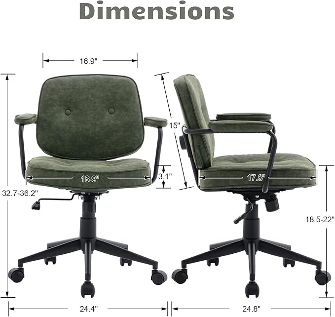 HEAH-YO Modern Armless Desk Chairs Set of 1, Swivel Computer Task Chair with Wheels and Armrests, PU Leather Adjustable Office Chair with Backrest for Home Base, Green