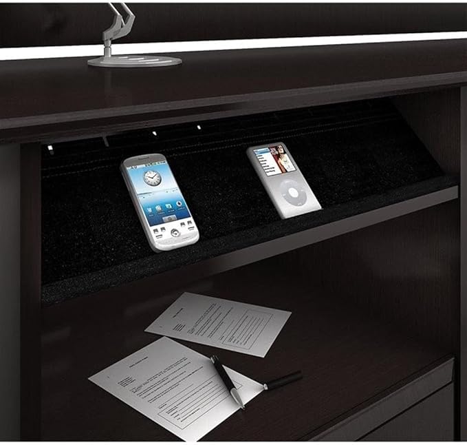 Pemberly Row 3 Piece Office Set, Espresso Oak Finish, Laminate Over Engineered Wood, Includes L Shape Desk with Hutch and File Storage, Built-in USB Hub, Home Office Organization Furniture