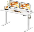 WALKINGDESK 55x24 Inches Height Adjustable Electric Standing Desk with 2 Hooks for Home Office, Ergonomic Sit Stand up Desk with Splice Board, White