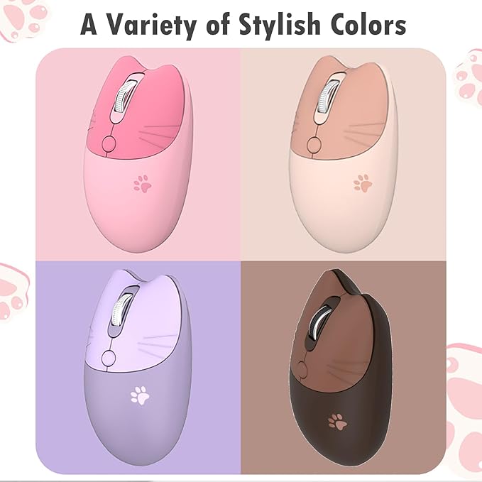 Lomiluskr Cute Cat Wireless Mouse, Lightweight Soundless Mice, 2.4G Wireless Mice, Candy Colors, Kawaii Mouse for Girls and Kids (Purple)