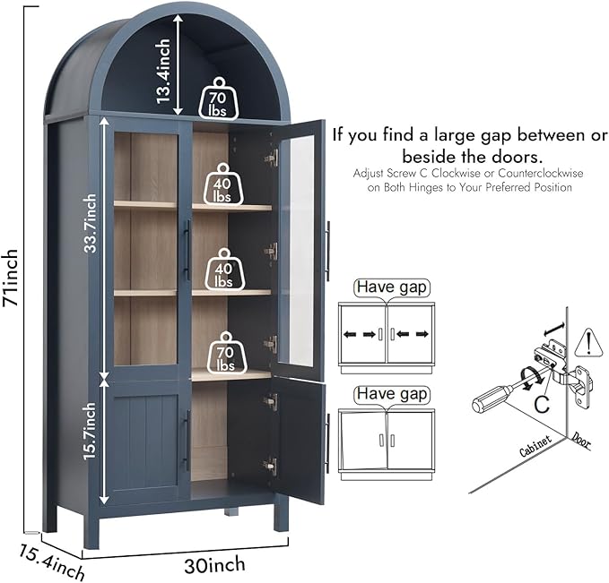 71" Tall Arched Display Cabinet, 5-Tier Bookshelf Modern Farmhouse Arched Bookcase with Glass Doors and Shelves, Wooden Pantry Storage Cabinet for Living Room, Office and Kitchen, Blue