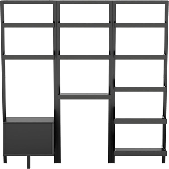 Modern Black 3-Piece Leaning Desk and Ladder Shelf Set – Solid Wood Wall-Leaning Workspace & Storage System for Home Office or Living Room