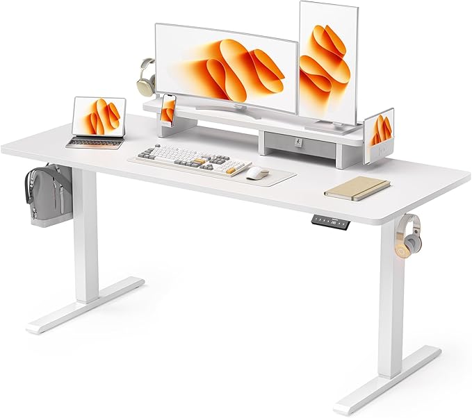WALKINGDESK 63x24 Inches Electric Standing Desk with Drawer and Monitor Stand, Height Adjustable Sit to Stand up Desk for Home Office, Ergonomic Computer Table with Phone Holder, 3 Hooks, White