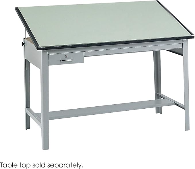 Pemberly Row Modern Drafting Table Base, Heavy-Gauge Steel Frame, Gray Finish, 35.5" H x 56.38" W x 30.5" D, Tilt Function Up to 50 Degrees, Locking Tool & Reference Drawers, Office Use