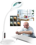 10X Magnifying Glass with Light and Stand, LED 5 Color Modes, Brightness Stepless Dimming Lighted Magnifier Hands Free, Flexible Gooseneck Desk Lamp with Clamp for Close Works, Crafts, Hobby - White