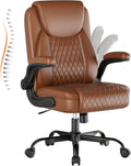 GTPLAYER Leather Office Chair, Home Desk Chair with Flip-up Arms and Ergonomic Back - Comfy Heavy Duty Executive Chair for Home Office Gaming, Brown