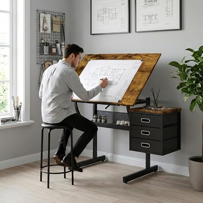 Drafting Table with Storage, Adjustable Art Desk & Art Table with Stool, 0-75° Tilting Top, 3 Drawers for Diamond Painting, Architecture, Animation, Office (Adults & Teens) (Rustic Brown)