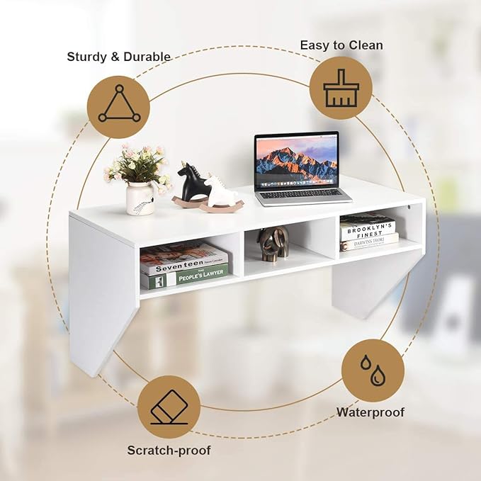 Giantex Wall Mounted Storage Cabinet and Floating Computer Desk Set W/Storage Shelves for Living Room, Bedroom, Office TV Media Floating Console Table Set