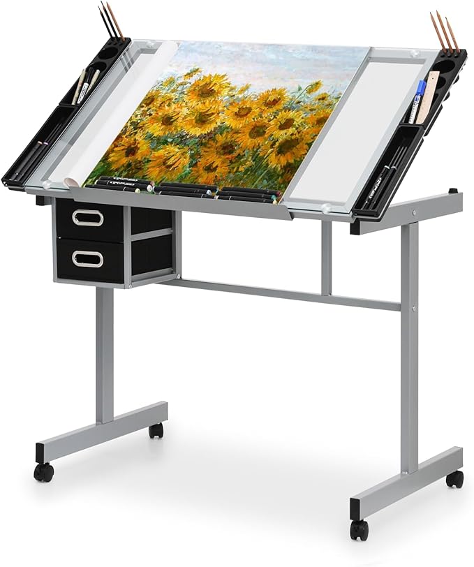 Drafting Table with Angle Adjustable Glass Top, Drawing Table with Storage Drawers,Casters, Art Desk Ideal for Drawing, Painting, Writing, Home Office, Clear Glass