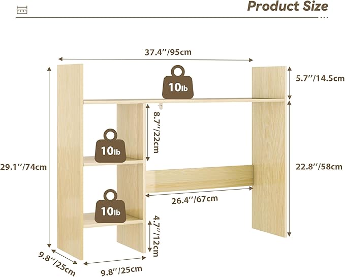 FTZxHKLX Desktop Bookshelf, 37.4’’ Wooden Desk Storage Hutch with 3 Shelves,4 Tier Multipurpose Display Shelf with Storage, Wooden Desk Shelf Organizer for Computer Desk, College Dorm, Office, Home