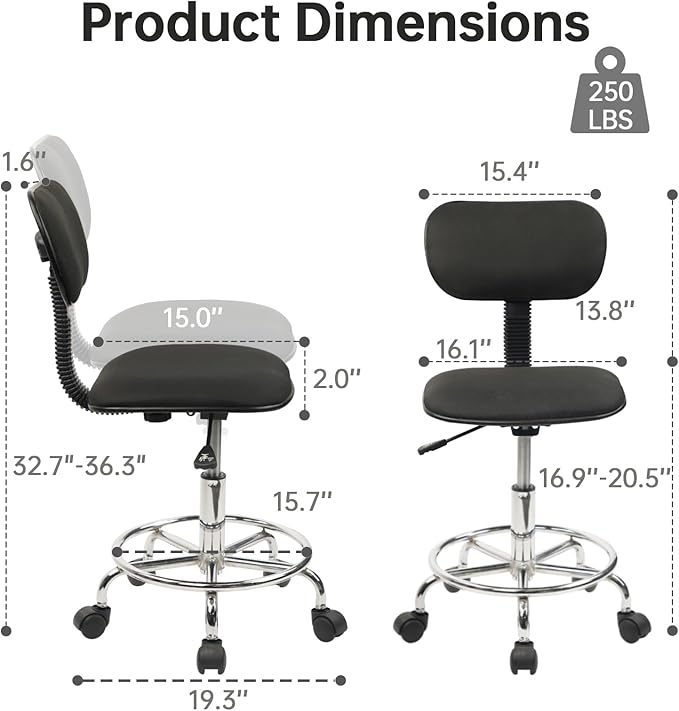 KLASIKA Low Wide Rolling Swivel Stool with Backrest, Adjustable Height Salon Chair Stools with Footrest for Spa Tattoo Office Desk Massage Task Lash Barber Facial, Black 2PK