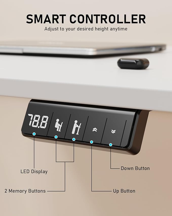 55" Electric Standing Desk Adjustable Height, Sit Stand up Desk for Home Office & Computer Workstation, 2 Memory Height Settings, Splice Board, 2 Hooks, White Frame/White Top