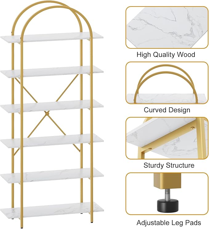 Arbuxzuy 6 Tier Bookshelf, 83" Tall Arched Bookcase, Tall Book Shelf with Metal Frame, Modern Display Standing Shelf for Living Room, Home Office, Bedroom, Gold