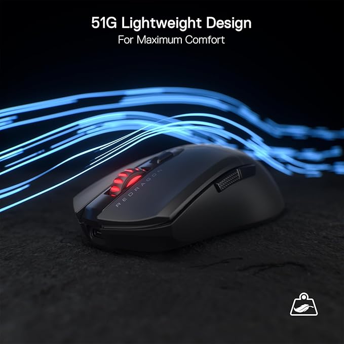 Redragon M995 Pro Wireless Gaming Mouse, 26000 DPI Ergonomic Mouse, BT & 2.4G, 6 Macro Buttons, 51G Ultra Lightweight, Reliable Power Capacity for PC/Mac/Laptop, Black