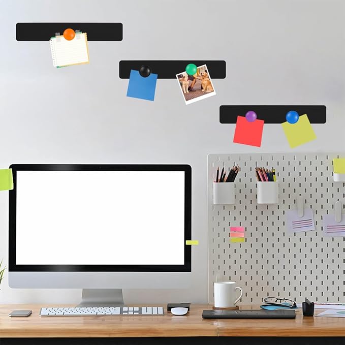 Metal Magnetic Strips with Adhesive Backing Memo Strip Black Magnet Bulletin Board with 12 Colorful Magnet for Wall Kitchen Office (4 Pcs, 2 x 12 Inch)