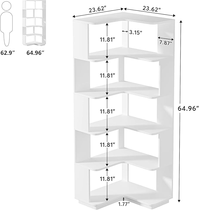 LITTLE TREE Corner Bookshelf, 64.9 Inch Tall Bookcase with Anti-Drop Panel, Modern Freestanding Corner Shelf Display Rack Storage Organizer for Home Office, Living Room, White