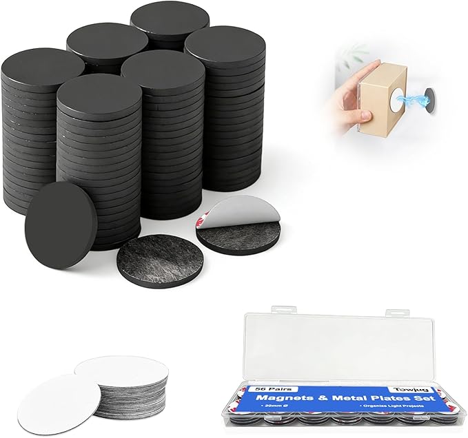 Towjug Flexible Adhesive Magnets and Round Metal Plates - 56 Sticky Magnetic Dots with Iron Stickers for Crafts, Office Supplies, School Projects & Home Storage