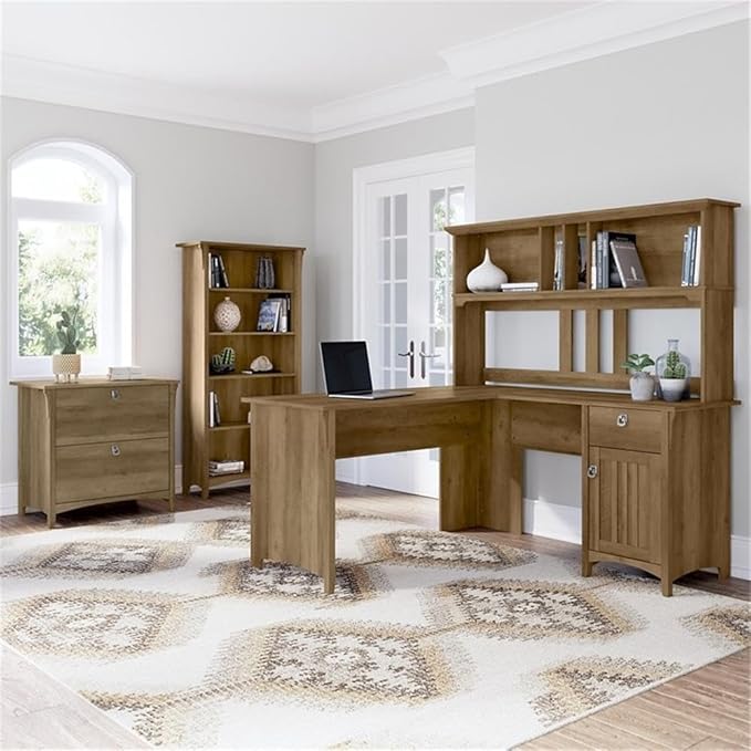 Pemberly Row Engineered Wood L Shaped Desk with Hutch & Storage, Reclaimed Pine Finish, 60W Corner Desk Set with File Cabinet and 5 Shelf Bookcase for Home Office Organization