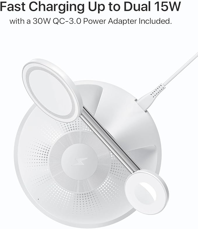 QTlier 3 in 1 Charger for MagSafe, Wireless Charging Station, Compatible with MagSafe Charger for iPhone 16 15 14 13 12 Series, AirPods Pro/3/2, 5W for Apple Watch(30W Adapter Included)