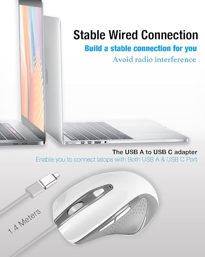 USB C Wired Mouse, Ergonomic Large Size Gaming and Office Mouse with USB C to USB A Adapter for MacBook Pro, iPad Pro, Computer and Laptops-White