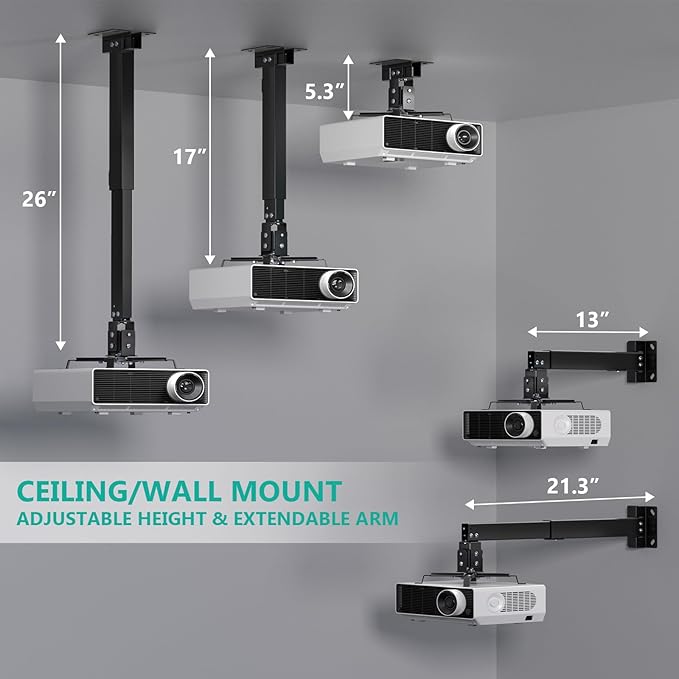 WALI Projector Mount Ceiling/Wall - Universal 3-in-1 Bracket with Extension Pole, Height Adjustable Holder for LCD/DLP Projectors, Supports up to 44lbs (PM-003-B), Black