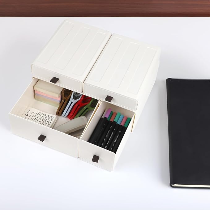 ZEXALOR White Desk Organizer with Drawers, Dresser Desktop Makeup Nightstand Organizer, Storage Drawer for Small Spaces Pens Stationary Cosmetic Junk, Office Supplies and Accessories (4-Drawer)