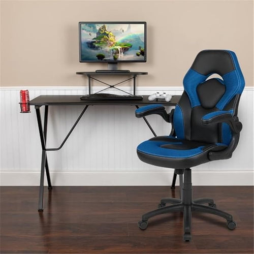 BOWERY HILL 2 Piece Gaming Desk Set, Black Laminate Desk with Blue Mesh Gaming Chair, Ergonomic Design, Cable Management, Monitor Stand, Cup Holder and Headset Hook, Contemporary Gaming Setup