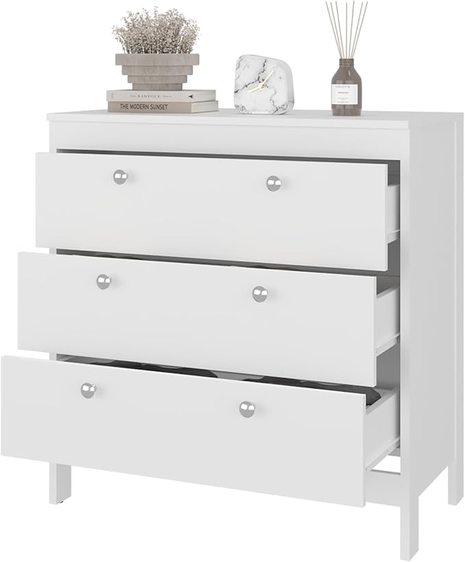 White 3-Drawer Chest with Functional Storage Clean-lined modern design enhances bedrooms, living rooms, or home offices while maintaining a neat, uncluttered, and visually balanced environment Clea