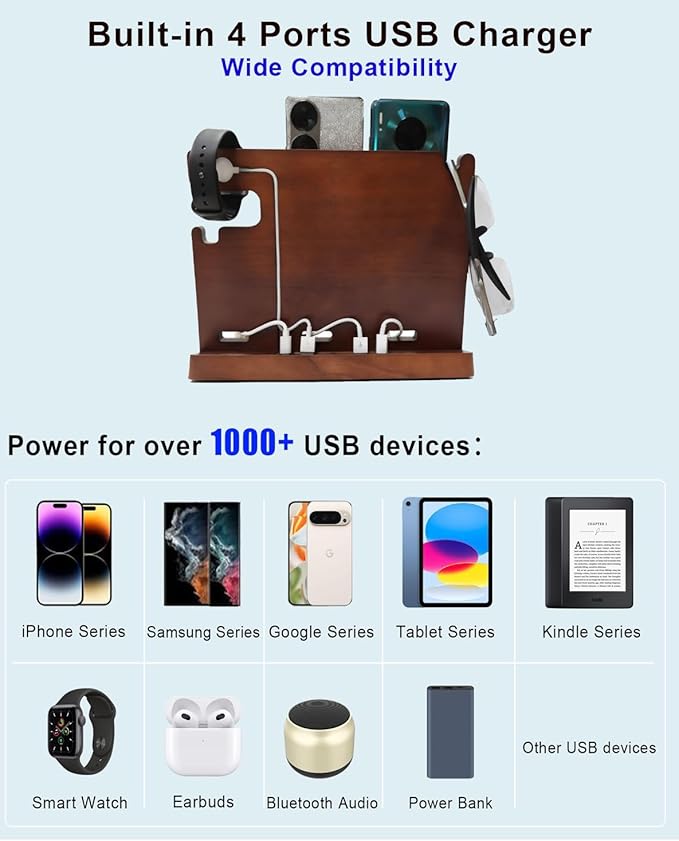 Wood Phone Docking Station with 4 USB PD & QC3.0 Fast Charger,Nightstand Organizer for Men, Dual Phone Charging Station for iPhone Samsung Google Android Anniversary Birthday Gifts for Men Him
