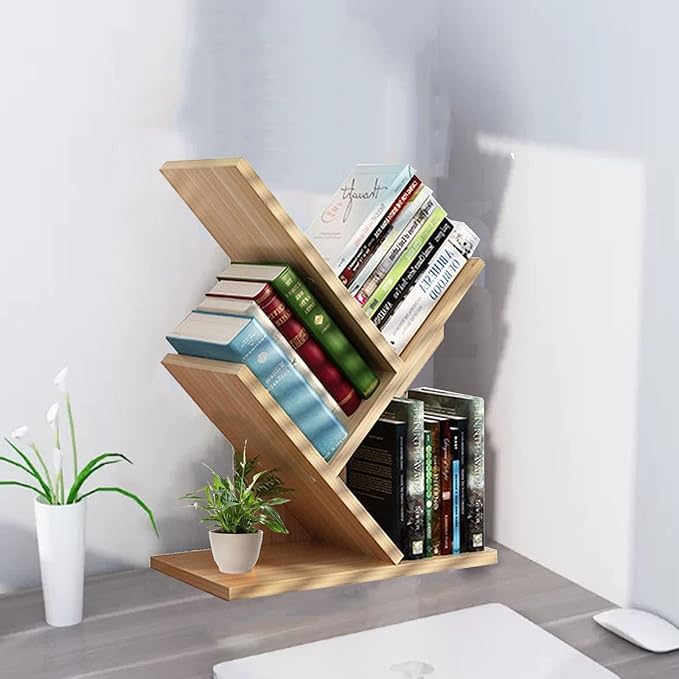 VOVCIG Tree Bookshelf 3 Shelf Desktop Organizer Y Shaped Office Storage Rack Adjustable Wood Display Shelf Small Bookshelf for Bedroom Home Office(Light Yellow)