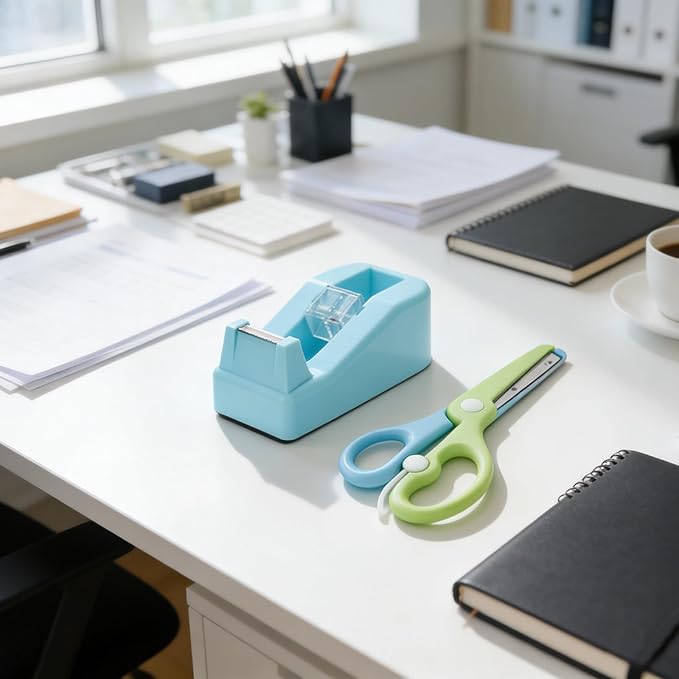XEUZK Desktop Tape Dispenser Kits with Weighted Nonskid Base Tape Dispenser- Includes 9 Rolls of Transparent Tape(0.71 Inch x 500 inches Each) & Blue Scissors, 2 Pcs Tweezers (Lake Blue)