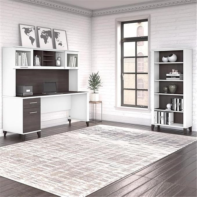 Pemberly Row 72W Desk with Hutch and Bookcase, Engineered Wood, White/Gray Finish, Frosted Glass Doors, Adjustable Shelves, Wire Management, Home Office Furniture Set