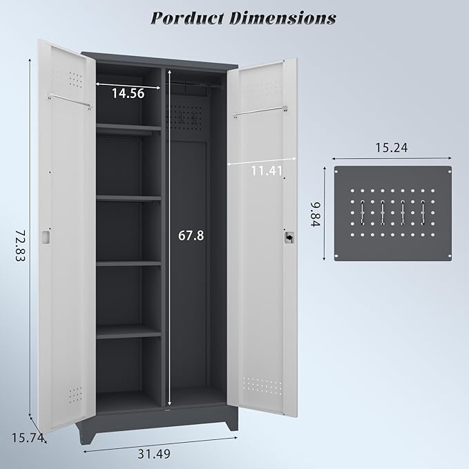 IRONFFICE Metal Garage Storage Cabinet with 2 Doors,72" H Steel Locking Storage Cabinet with Adjustable Shelves,Lockable Tool Cabinets for Office,Home,Garage,Gym,Grey-White