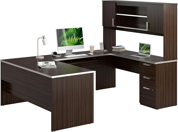 Bestar, Ridgeley Collection, Modern Executive Computer Desk with Pedestal and Hutch