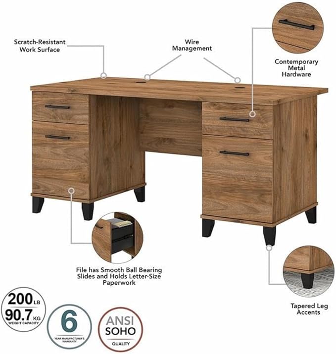 Pemberly Row 60W Office Desk Set, Fresh Walnut Finish, Engineered Wood, Includes Desk, File Cabinet & 5 Shelf Bookcase, Adjustable Shelves, Wire Management, Home Office Furniture for Workspace or