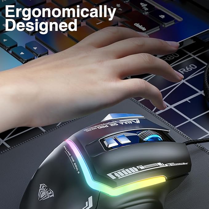 AULA S12Pro White Wired Gaming Mouse,12800 DPI Optical Gamer Mouse with RGB Backlit,8 Programmable Buttons,Software Supports DIY Keybinds Rapid Fire Button